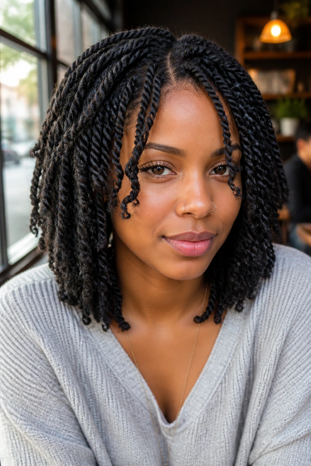 Close-up of a real Black woman with shoulder-length two-strand twists framing the face