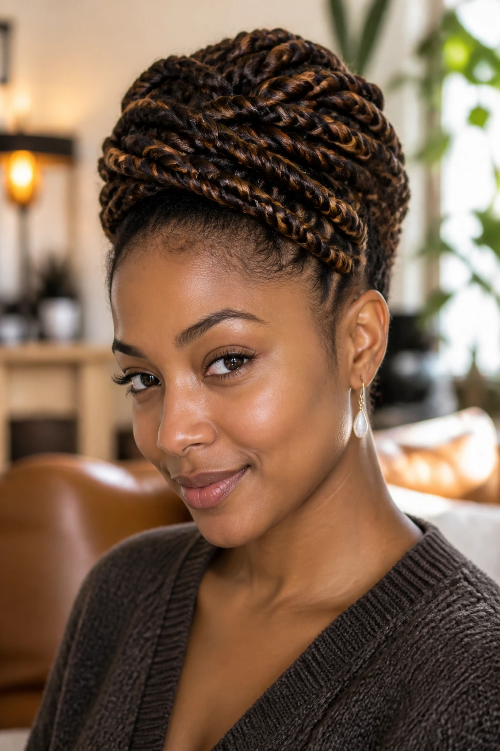 Close-up of a real woman with two-strand twists and warm babylights