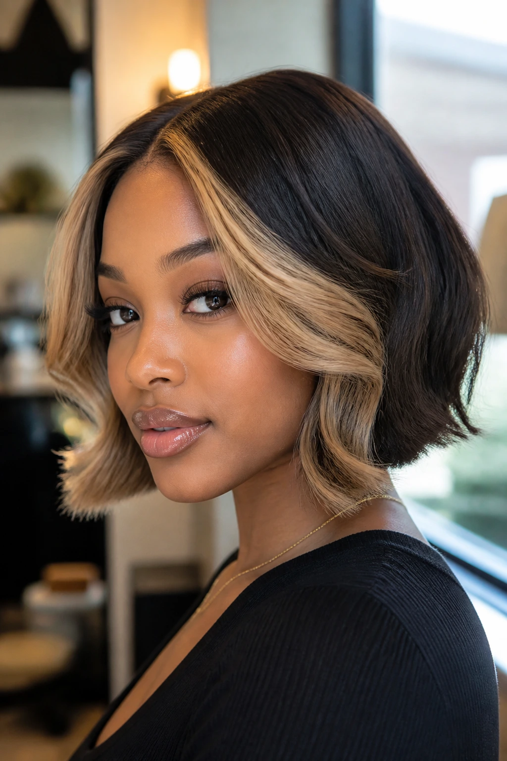Close-up of a Black woman with a two-tone bob and money-piece layers, front pieces lighter