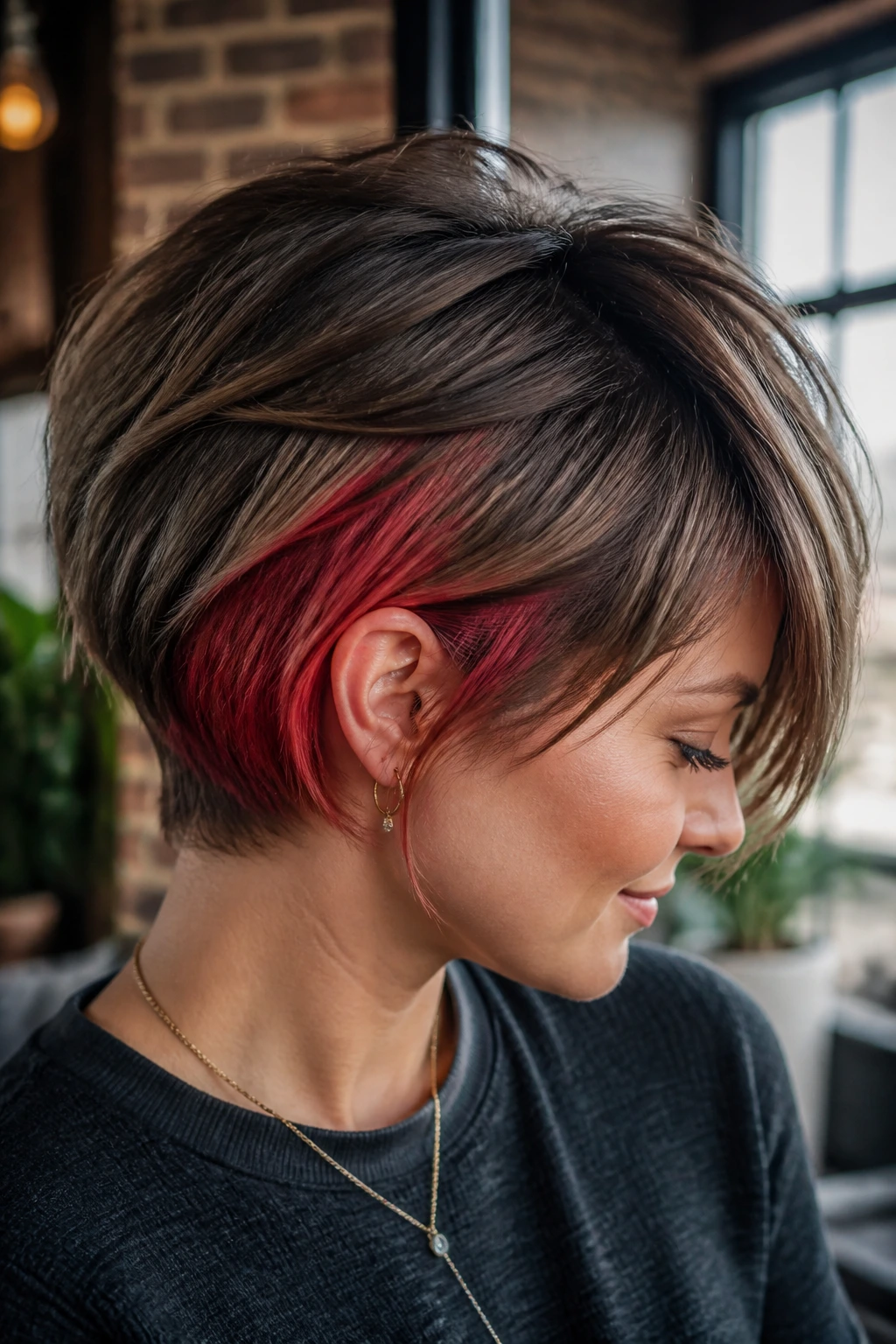 Two-tone underlayer color peek on thick short haircut
