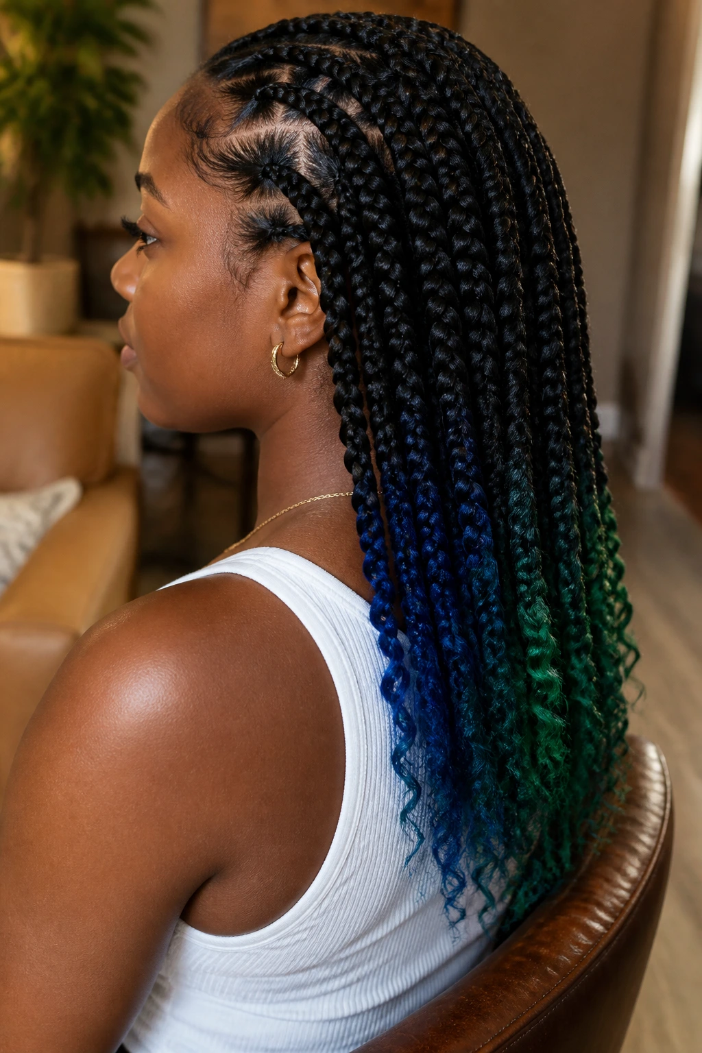 Portrait of a person with two-tone jewel-colored tips at the ends