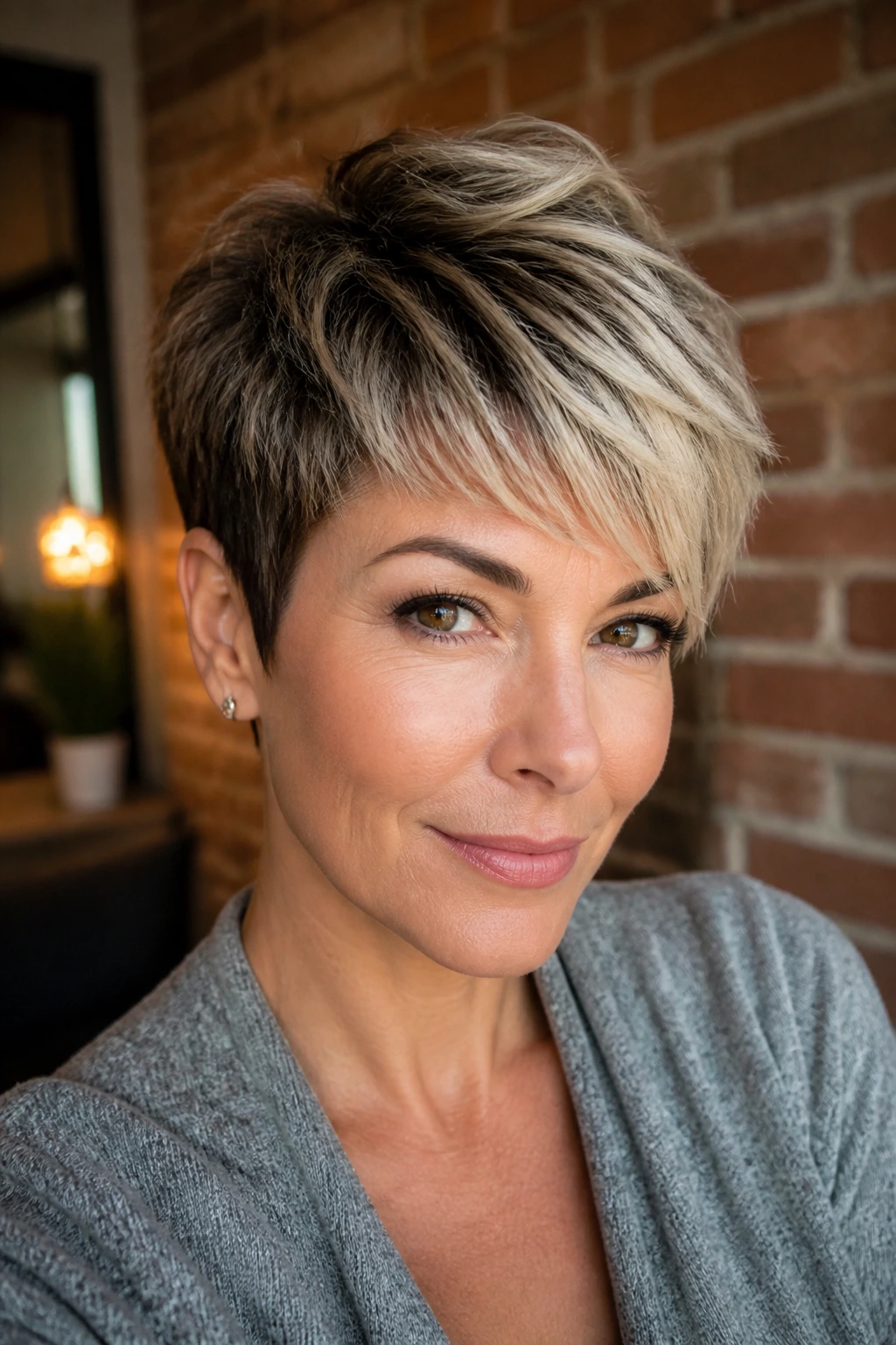 Real woman with a two-tone pixie hairstyle showing darker roots and lighter top