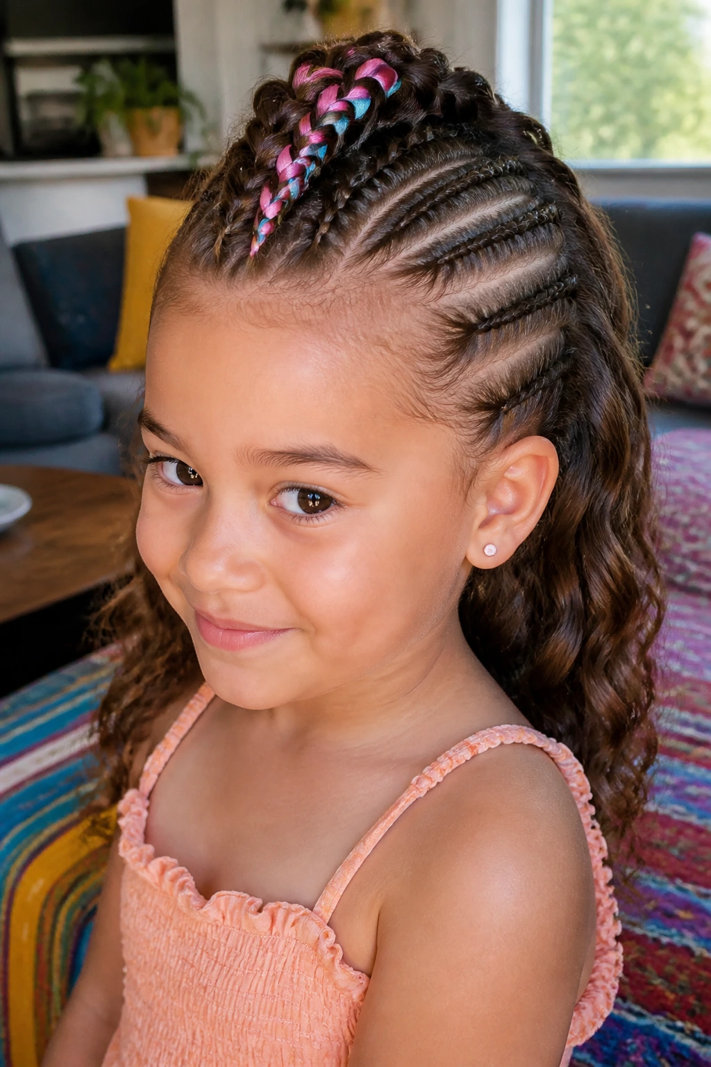 Child with two-tone ribbons woven into mohawk