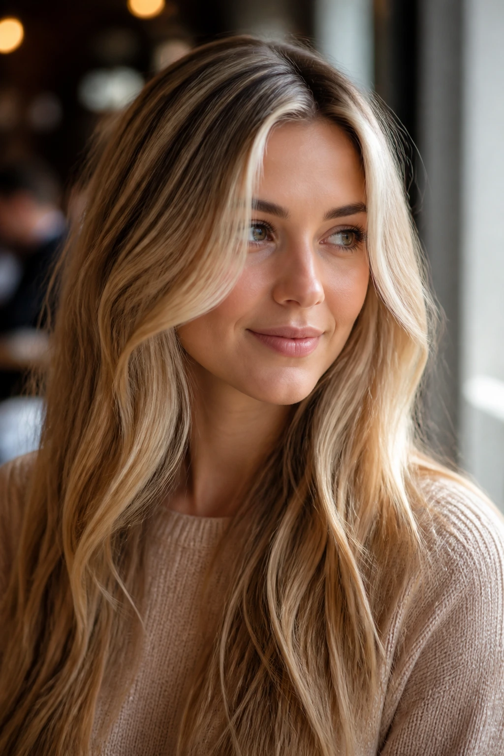 Close-up of a real woman with two-tone blonde ribbons around the crown and face frame in natural daylight.