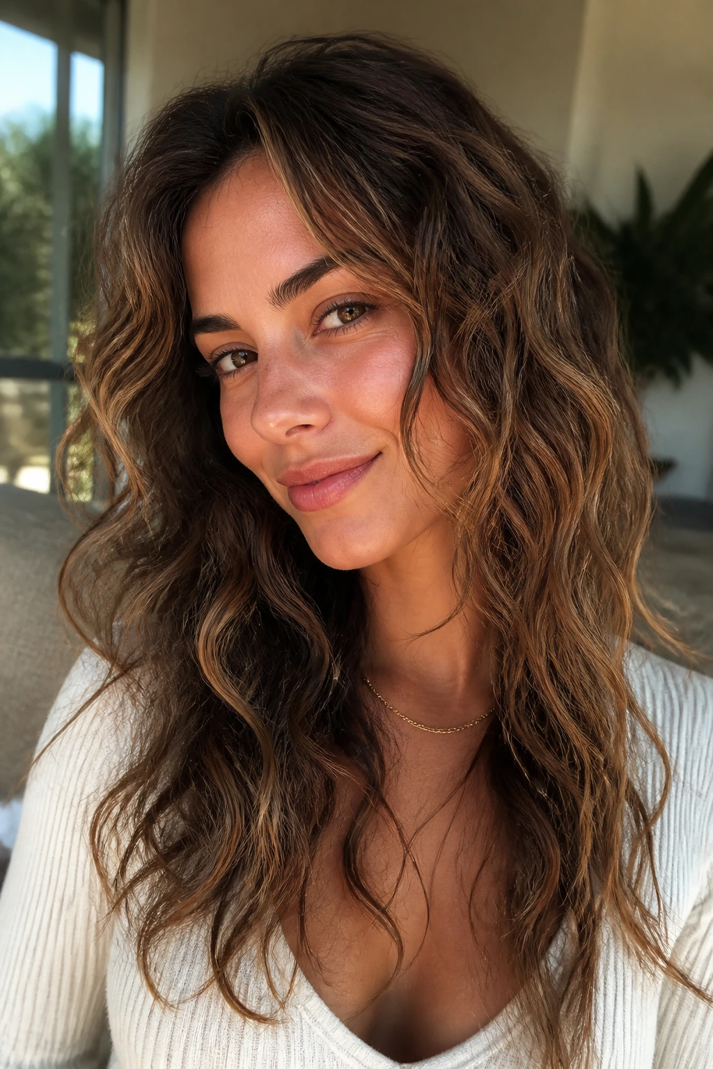 Portrait of a woman with Type 2C waves and lowlights showing depth.