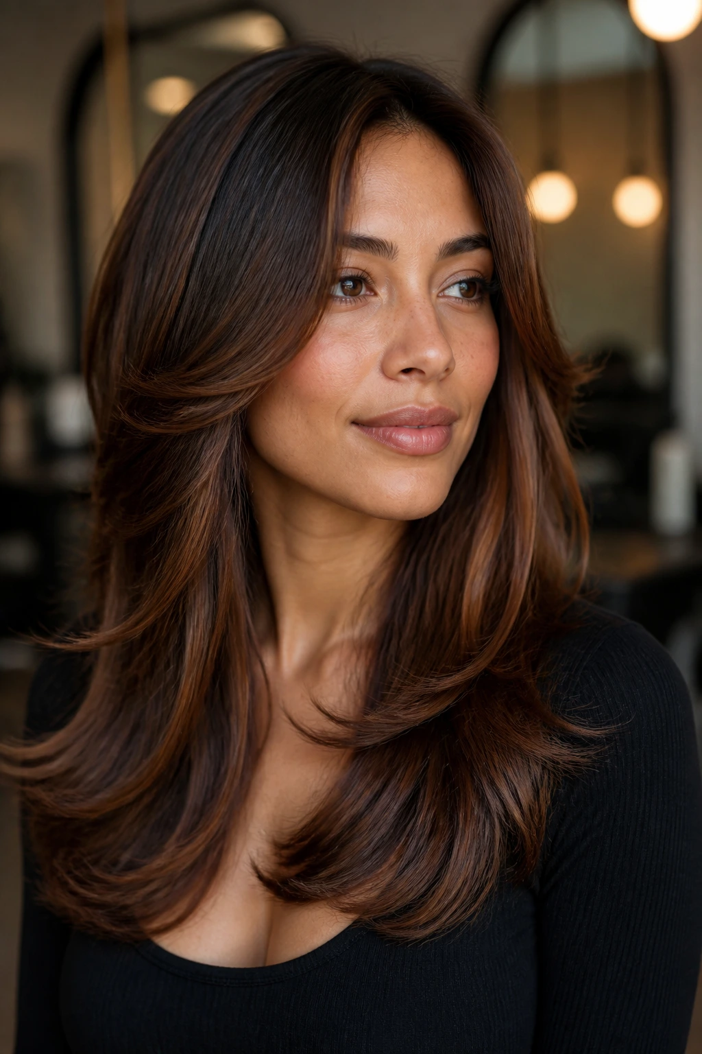 Close-up of a real woman with U-cut and cinnamon lowlights on olive skin