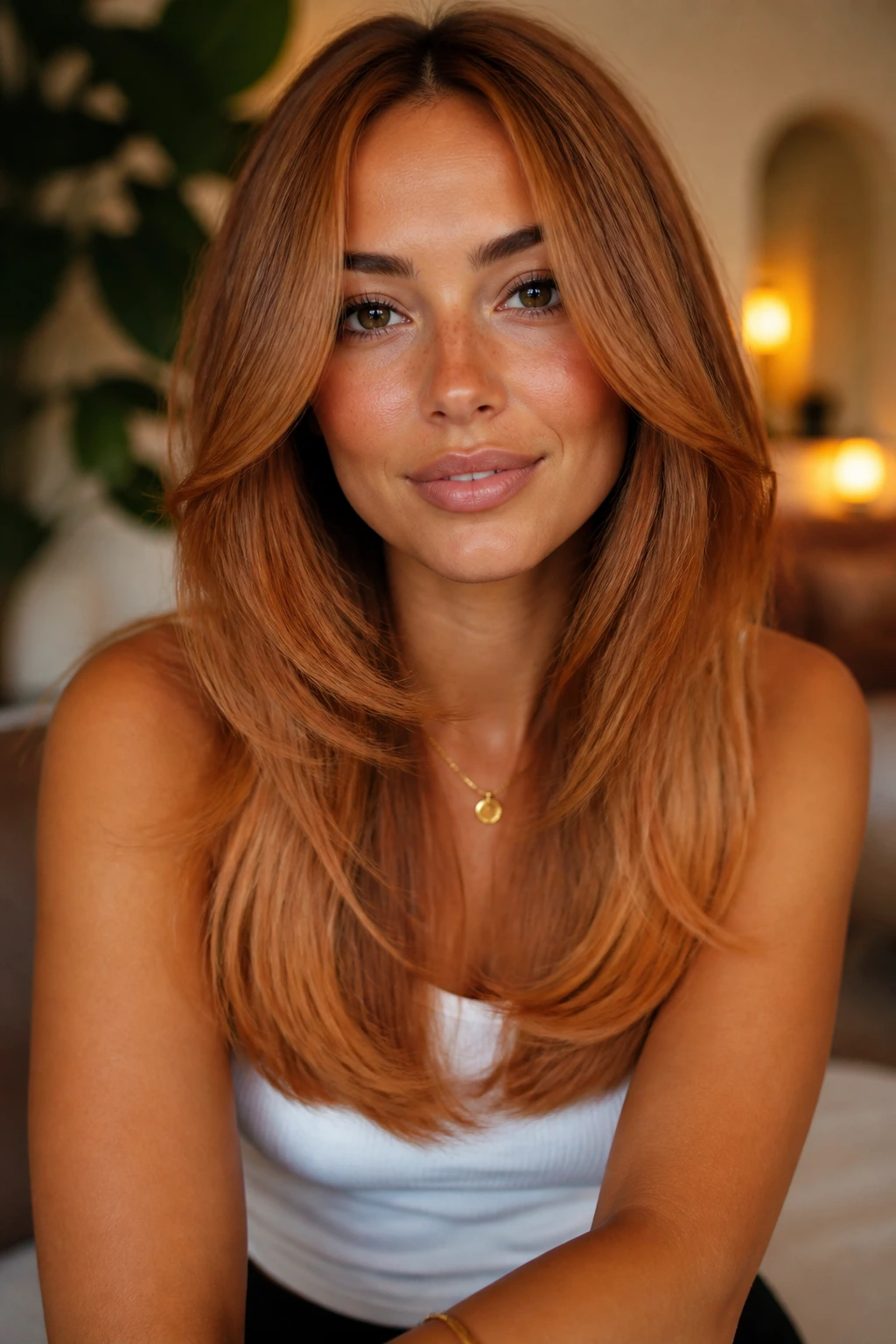 Portrait of a real person with soft U-cut and copper ends on tan skin in warm light