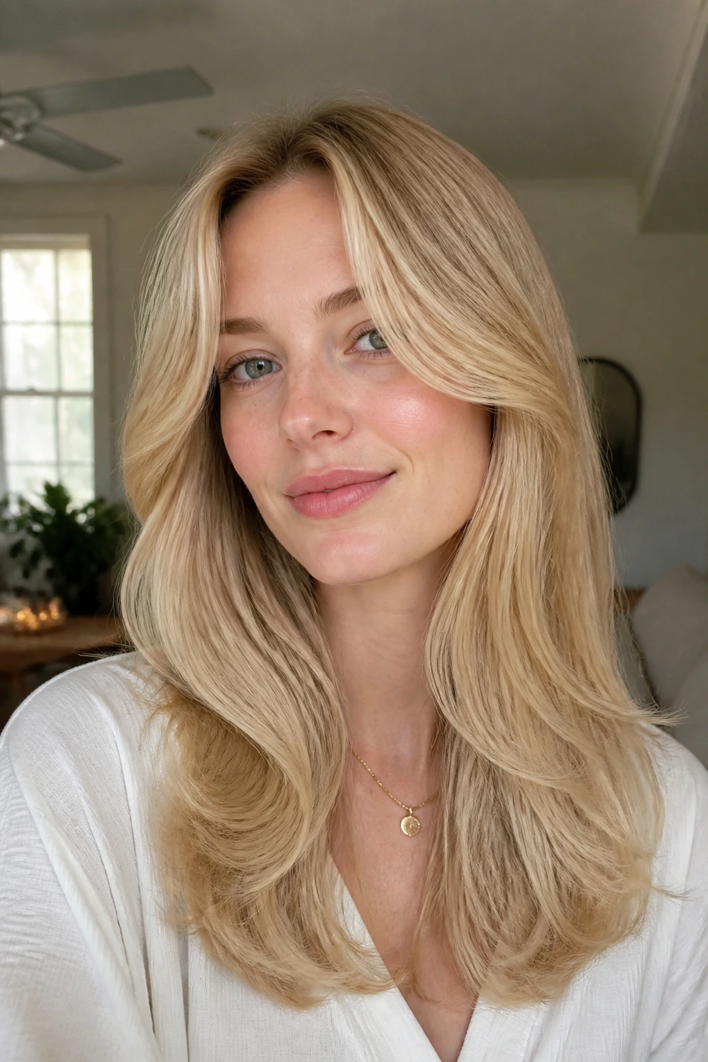 Close-up portrait of a woman with cream blonde curtain layers