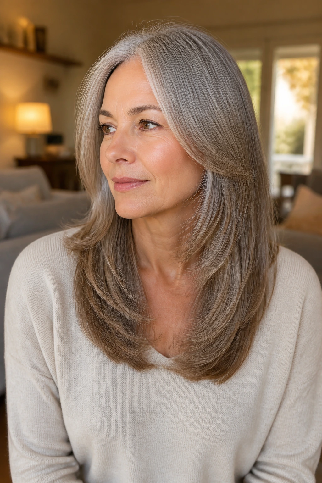 Woman with chest-length hair and feathered U-cut