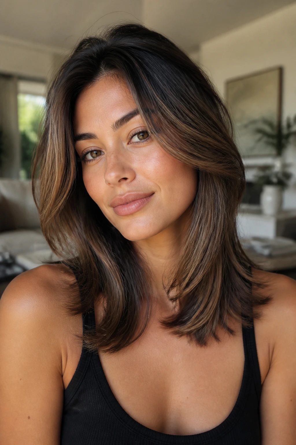 Close-up of a real woman with U-cut and subtle beige caramel highlights
