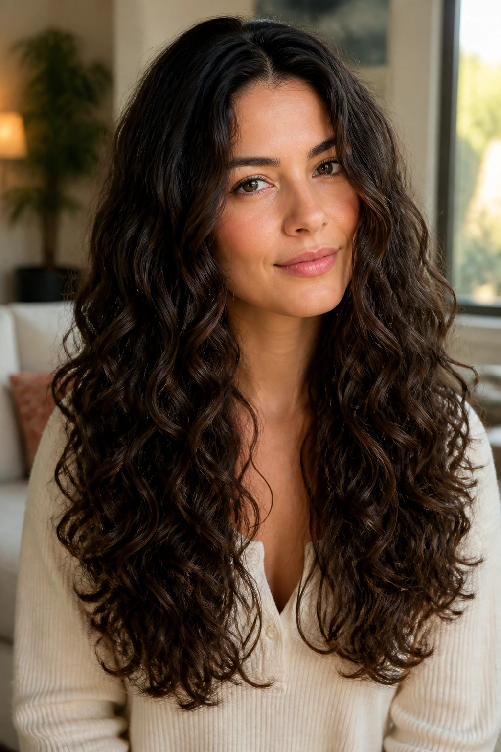 Close-up portrait of a real woman with a U-cut hairstyle and invisible interior layers on a heart-shaped face, warm natural light