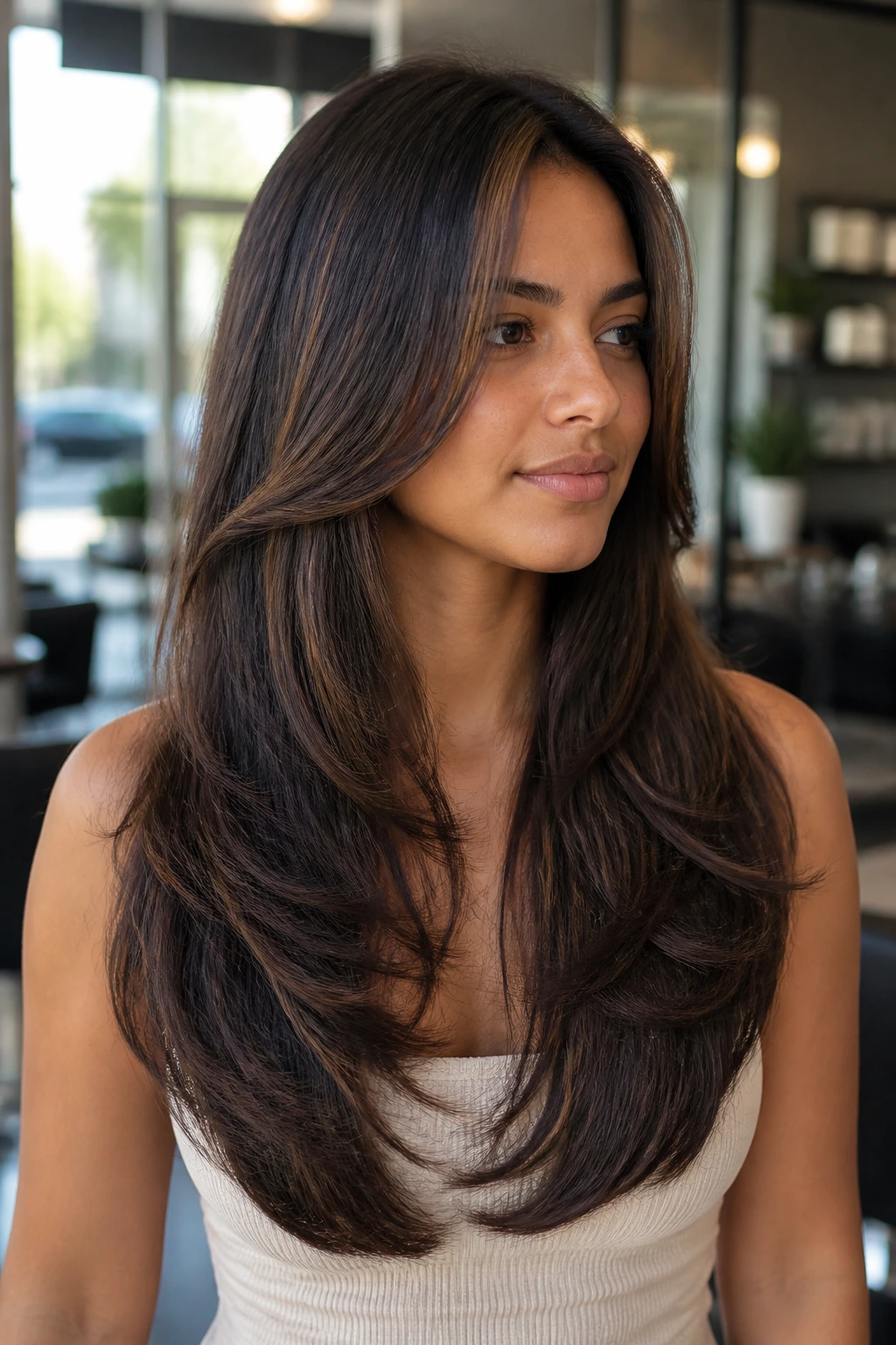 Real woman with U-cut and invisible layers in long brunette hair