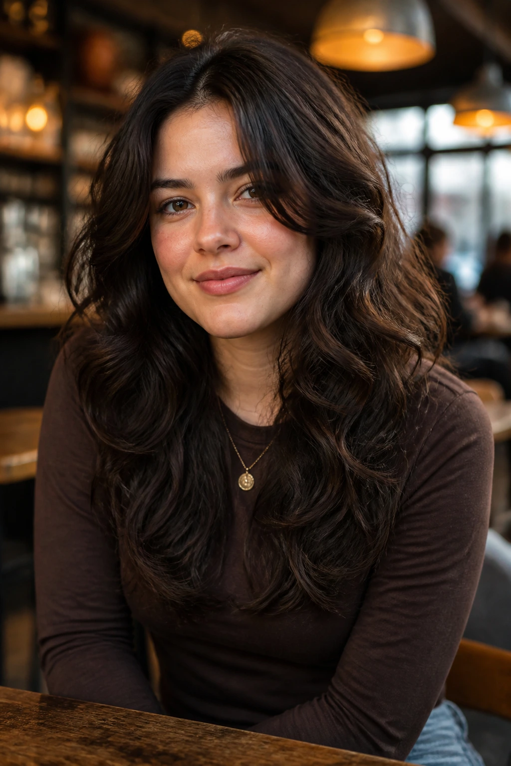 Close-up of a real person with a U-cut and invisible layers, captured in warm cafe lighting.