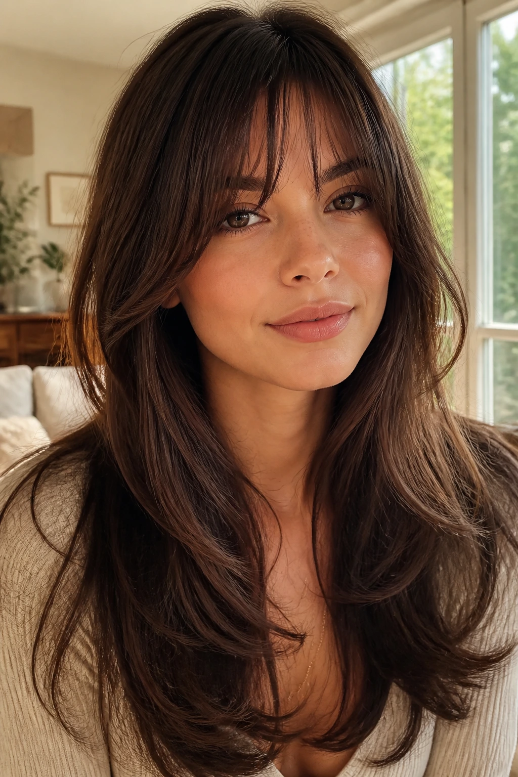Close-up of a real woman with U-cut layers and brow-skimming wisps