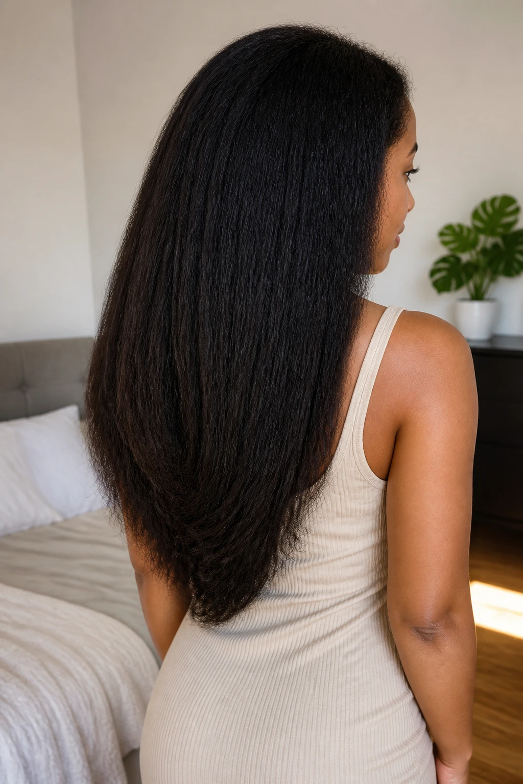 Rear three-quarter view of a real Black woman with a subtle U-shaped back cut on long natural hair