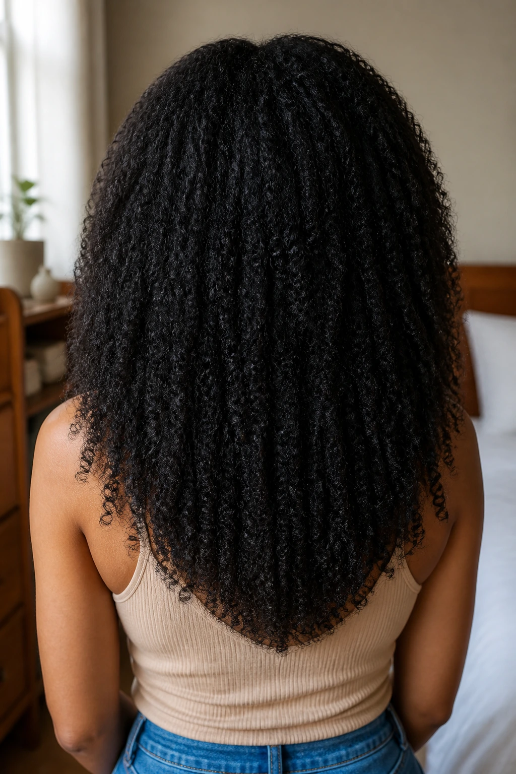 Back view of long natural hair with a U-cut at the nape