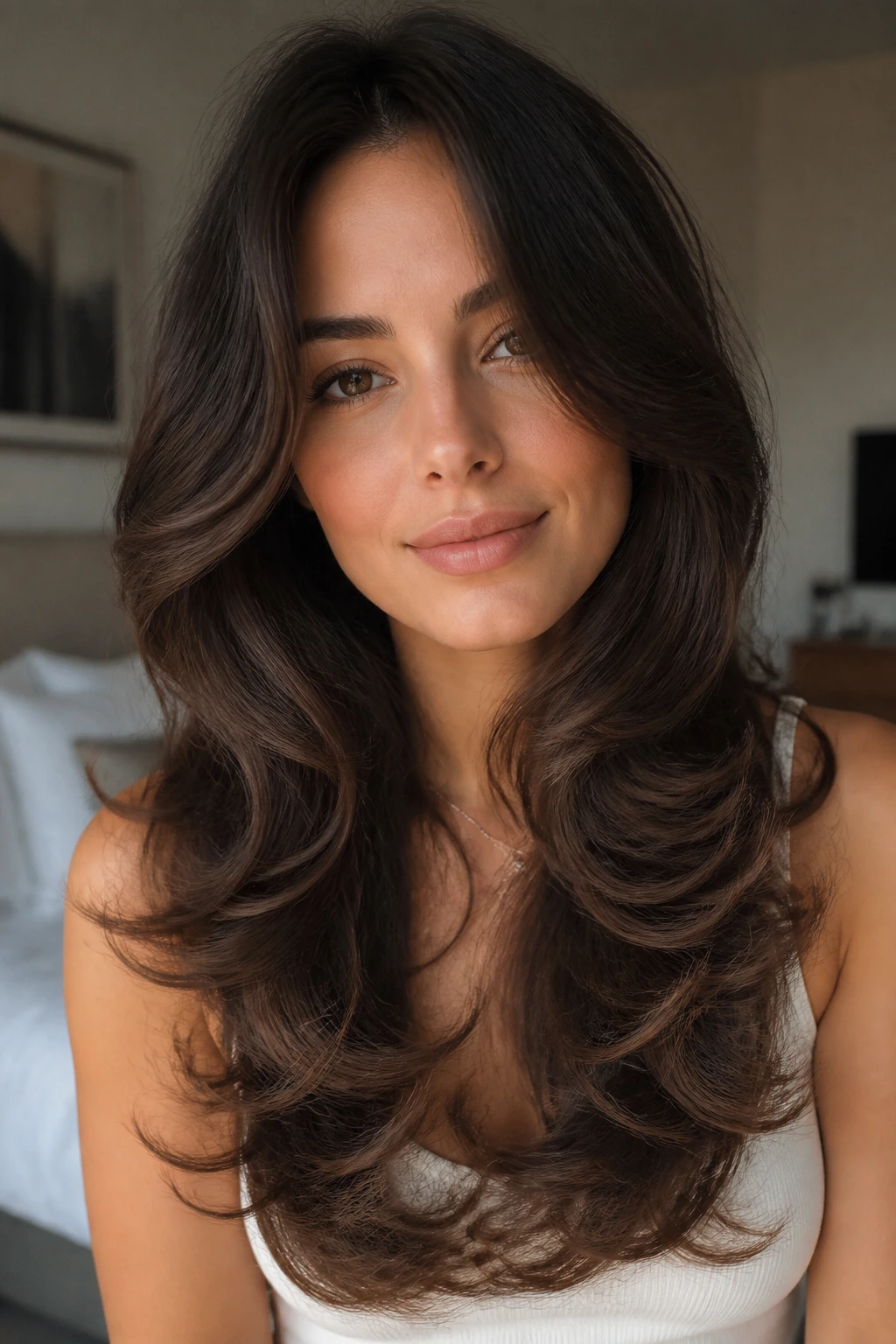 Portrait of a person with U-cut and polished C-curly hair framing the face