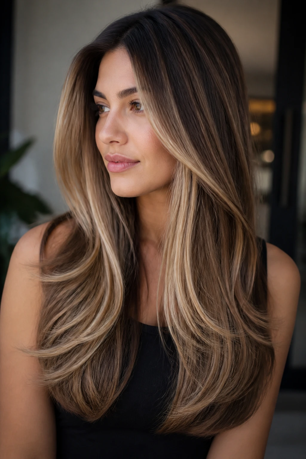 Close-up portrait of a real woman with long U-cut and champagne beige ribbons in daylight