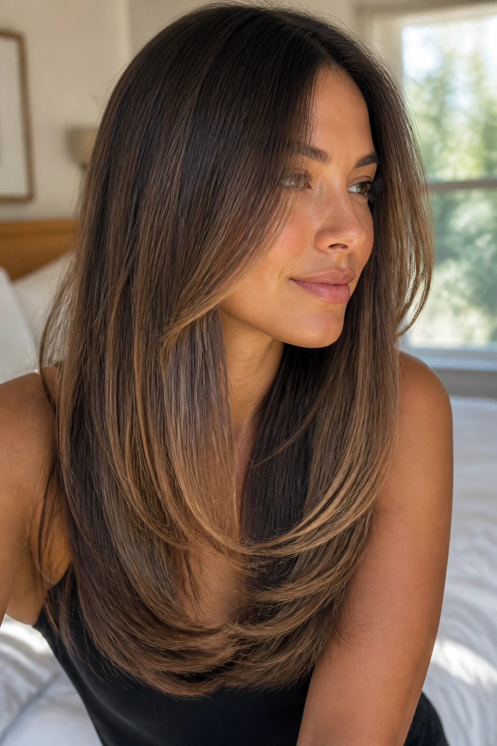 Close-up of a real person with a long U-cut and soft bends, with babylights emphasizing the curve.