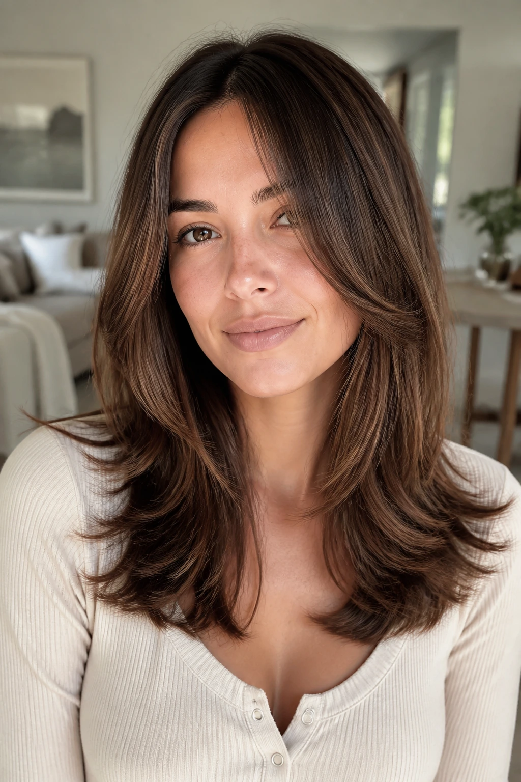 Close-up of a woman with a U-cut hairstyle and soft bends