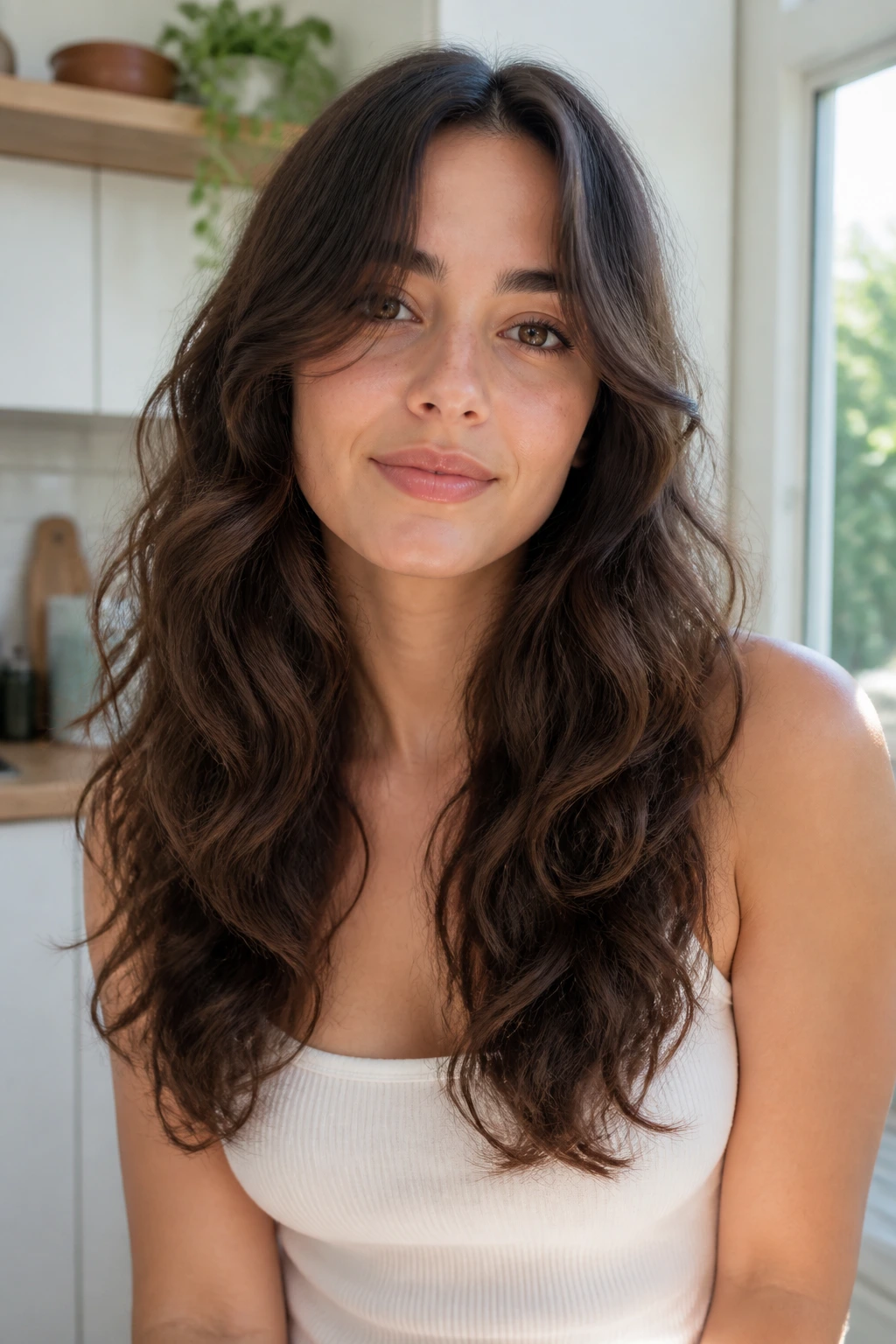 Portrait of a real person with U-cut for thick 2C waves and soft curtain bangs.