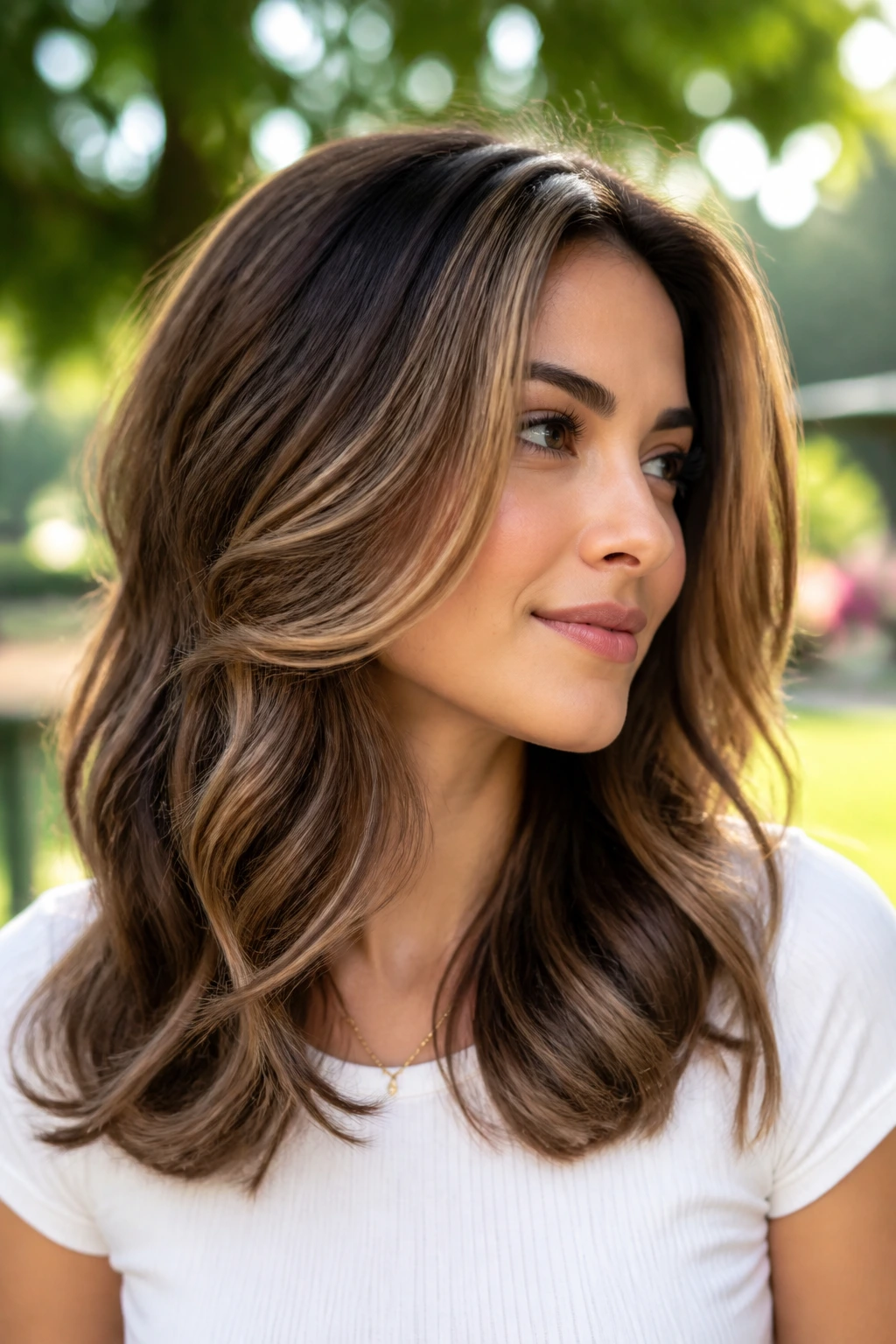 Close-up portrait of a real woman with U-layer cascading waves and caramel color