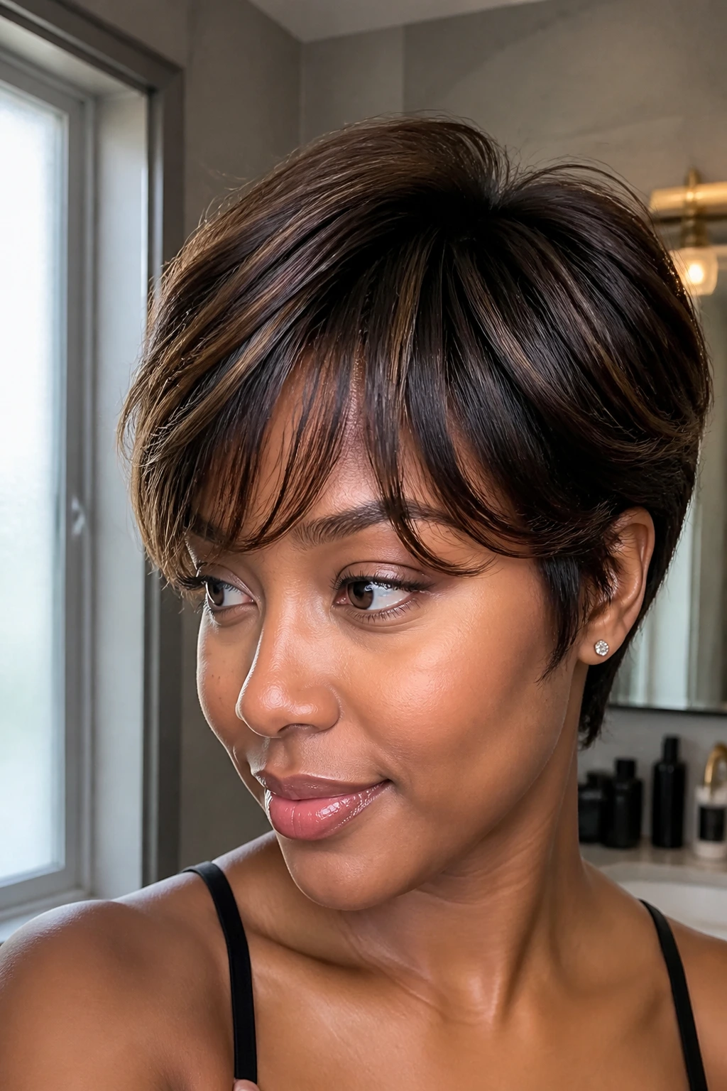 Close-up of U-Part blend bang blending into leave-out on a real person