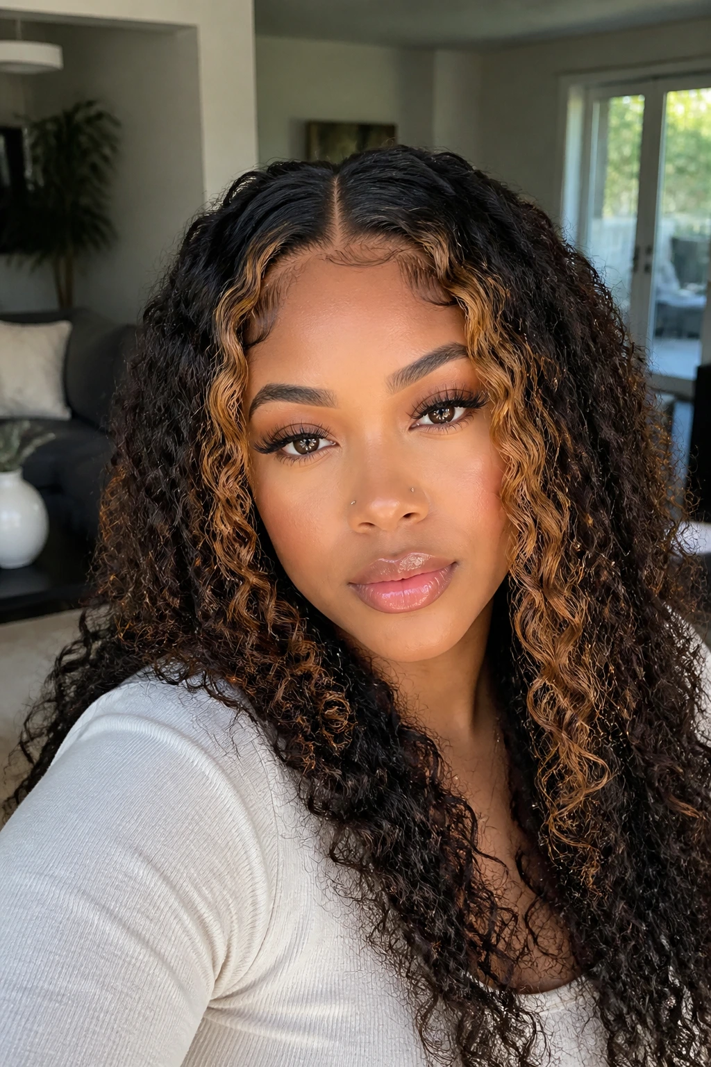 Real woman wearing a U-part wig with curls and caramel money piece.