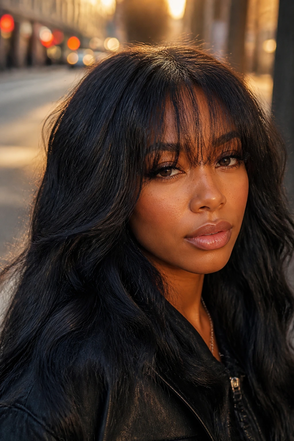 Close-up of a real person wearing a U-part wig with textured fringe on a city street at golden hour.