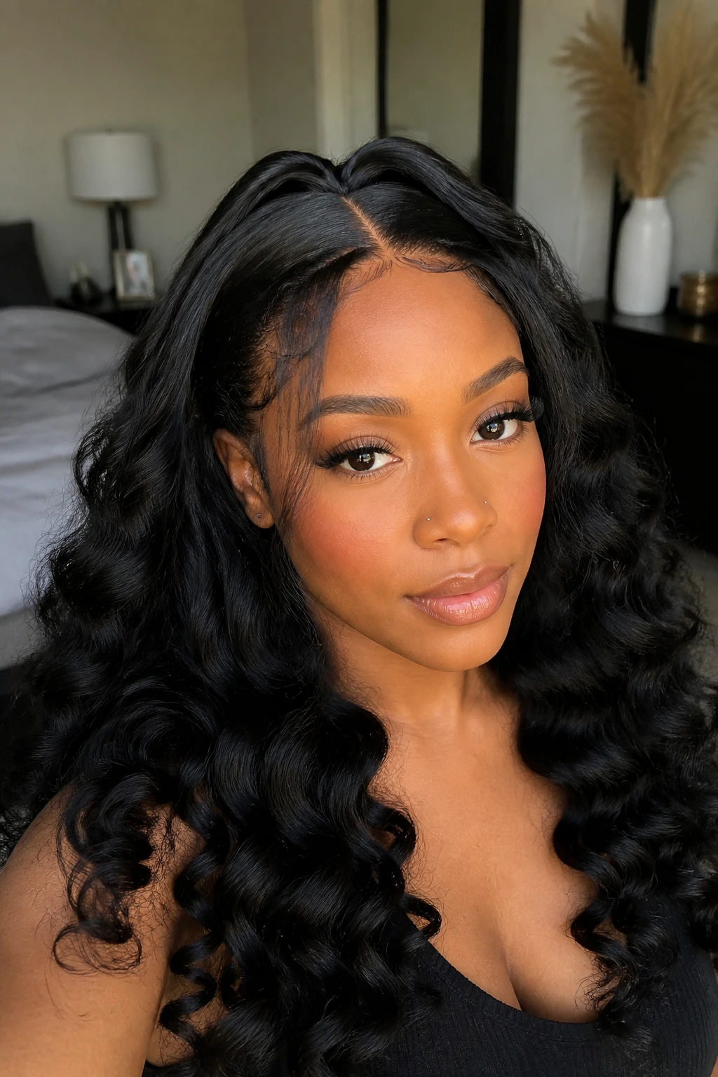 Close-up of a real person wearing a U-part wig with leave-out and loose curls