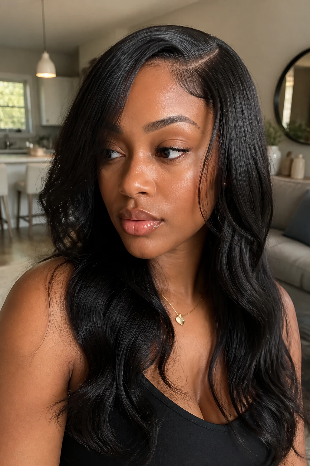 Close-up portrait of a real person wearing a U-part wig with leave-out