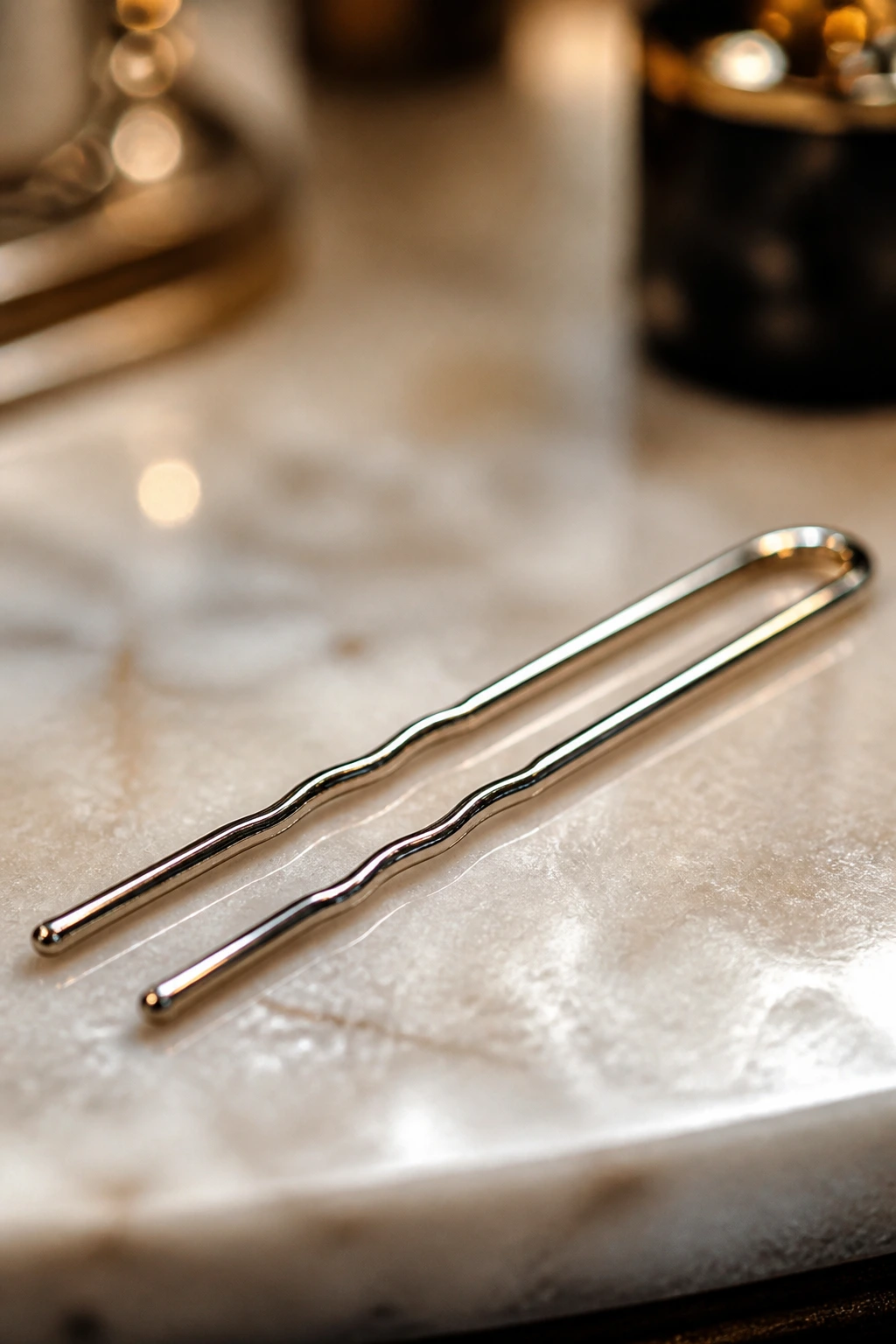 Macro close-up of a single U-pin hair tool on a blurred vanity counter