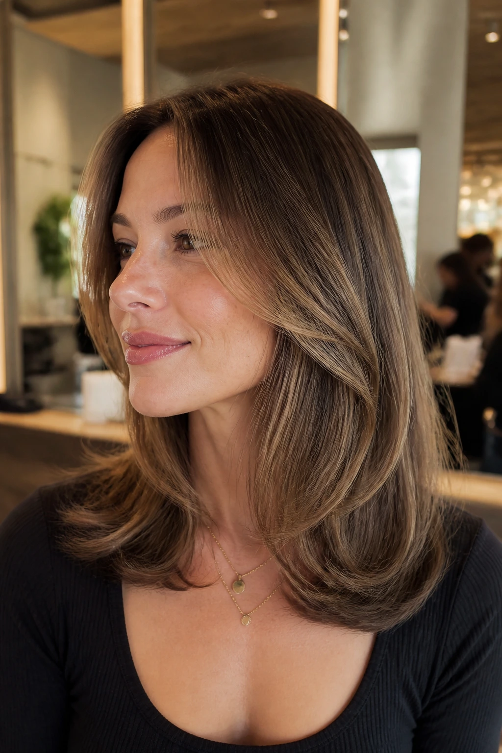 Close-up portrait of a real woman with a soft U-shaped cut at the back and thick ends, shoulder-length hair in a salon.