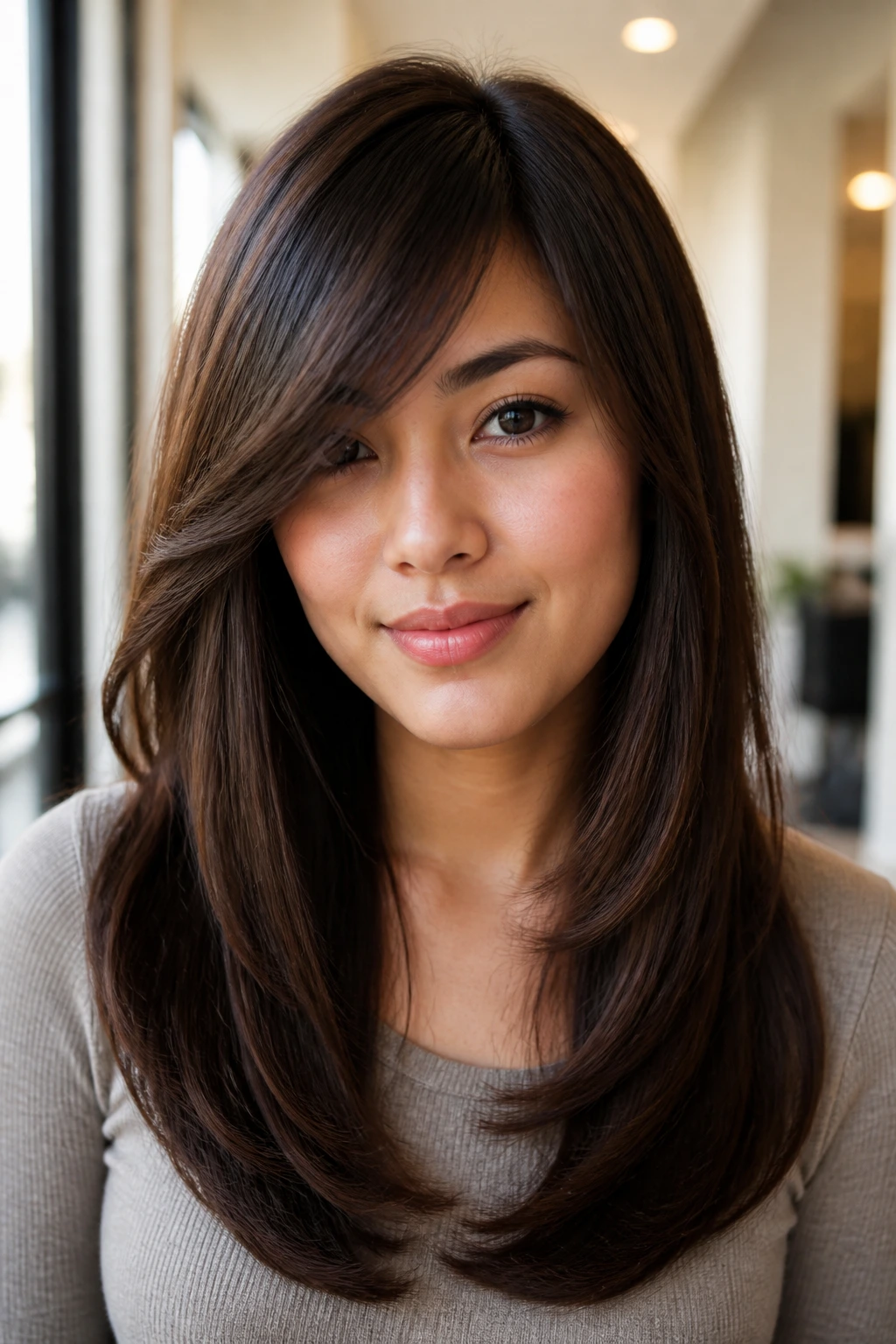 Close-up portrait: real woman with a polished U-shape cut and sweeping bangs