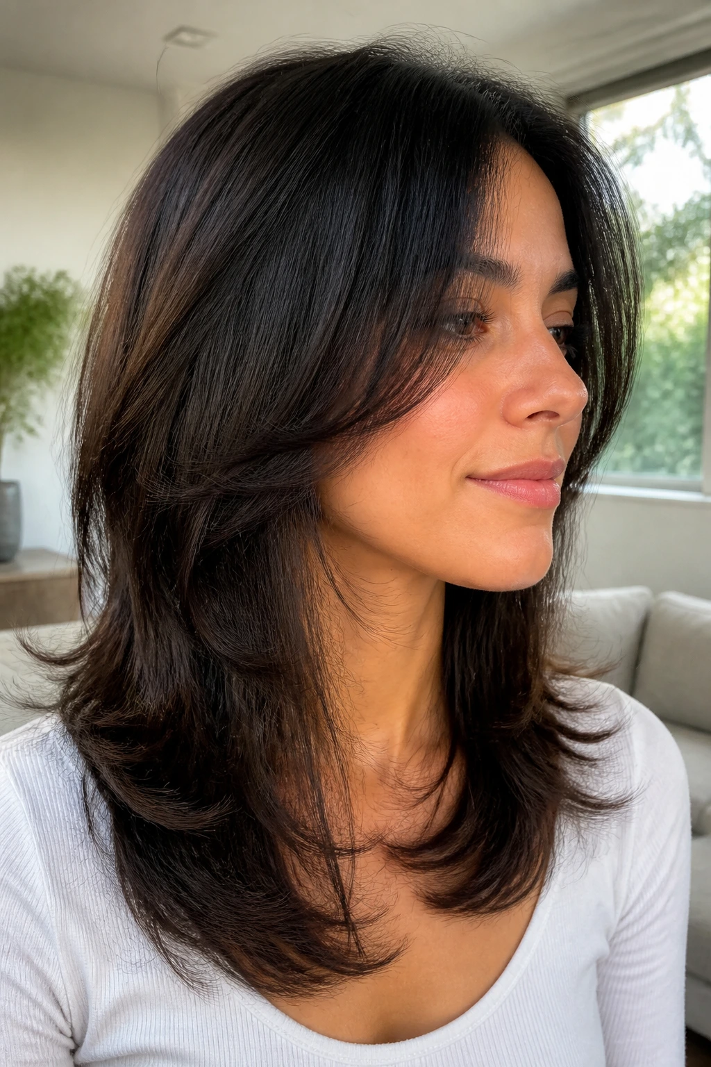 Close-up of a U-shaped haircut with floating ends on a real person.