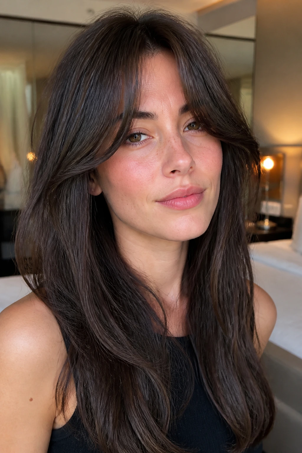 Real woman with U-shaped fringe sweep framing her face