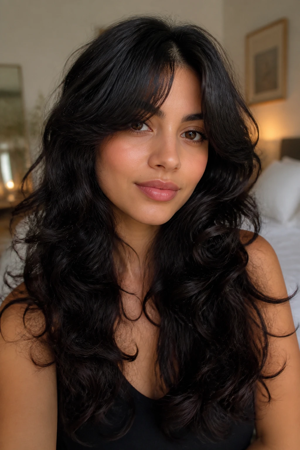 Portrait of a woman with a soft-curtain U-shaped haircut