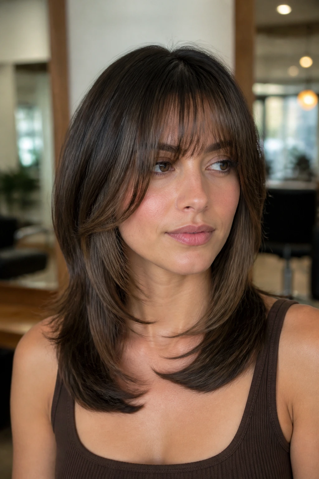 Portrait of a real person with U-shaped layers and bottleneck bangs in a stylish salon