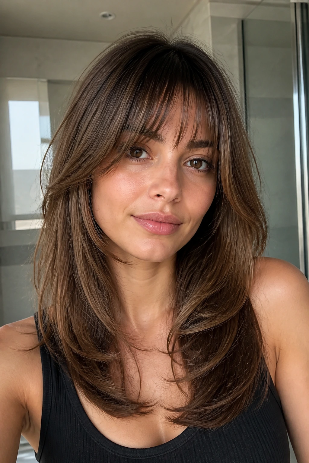 Portrait of a person with U-shaped layers and brow-skimming bangs