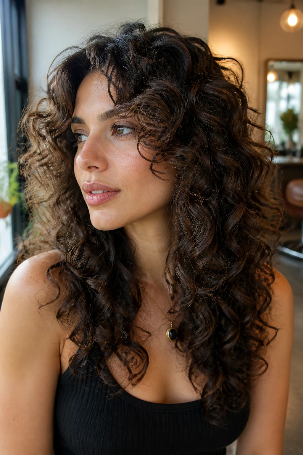 Close-up of a real woman with U-shaped layers and soft face pieces in curly hair.