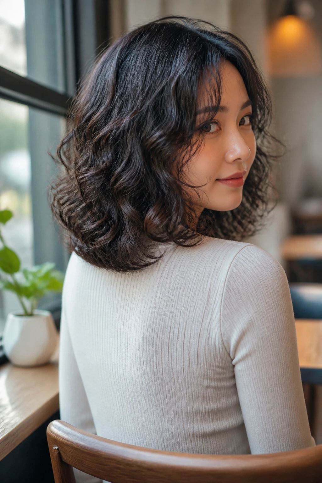 Real woman with U-shaped layers keeping ends full, viewed from three-quarter angle