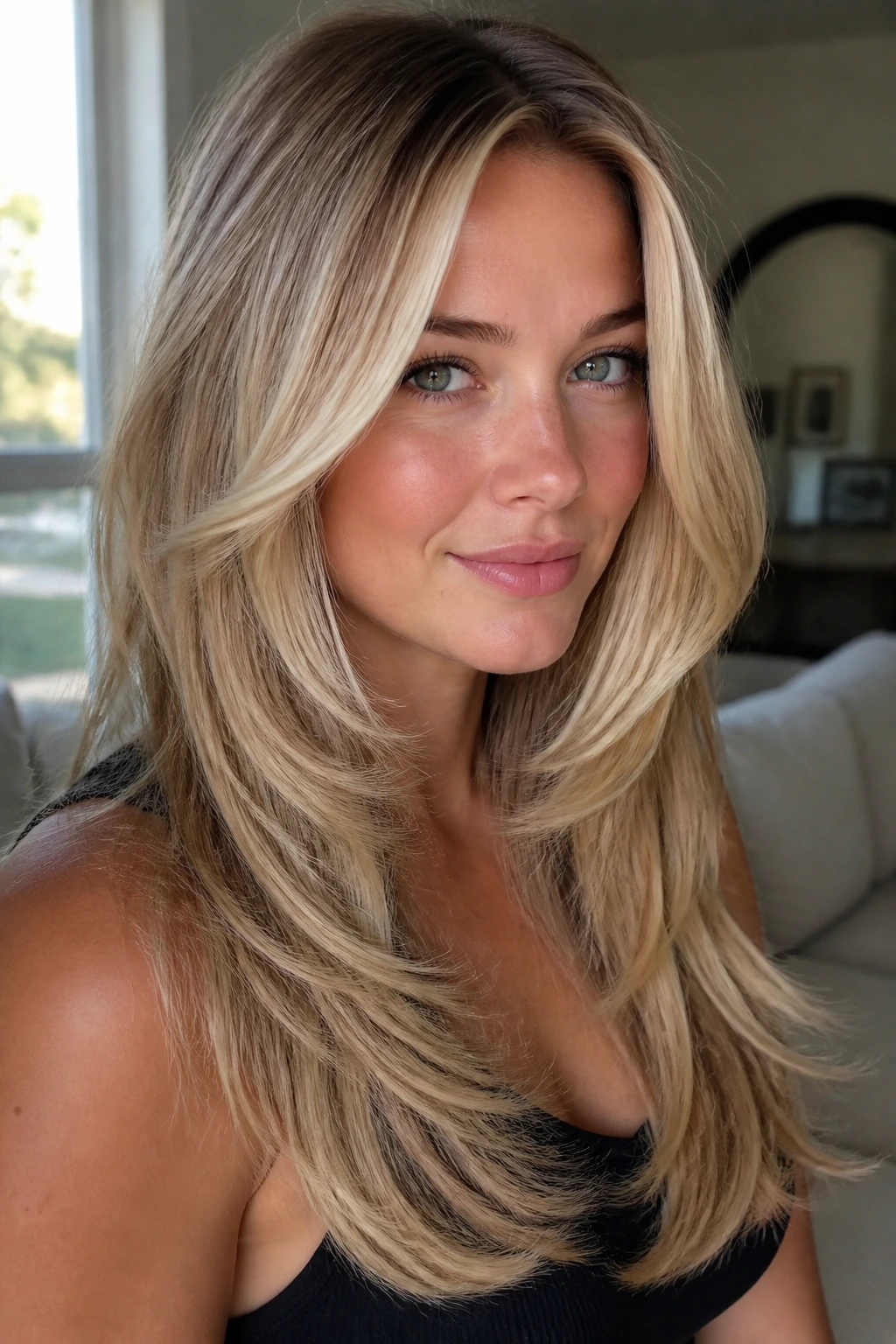 Close-up of a real woman with U-shaped layers and bright face-framing pieces.