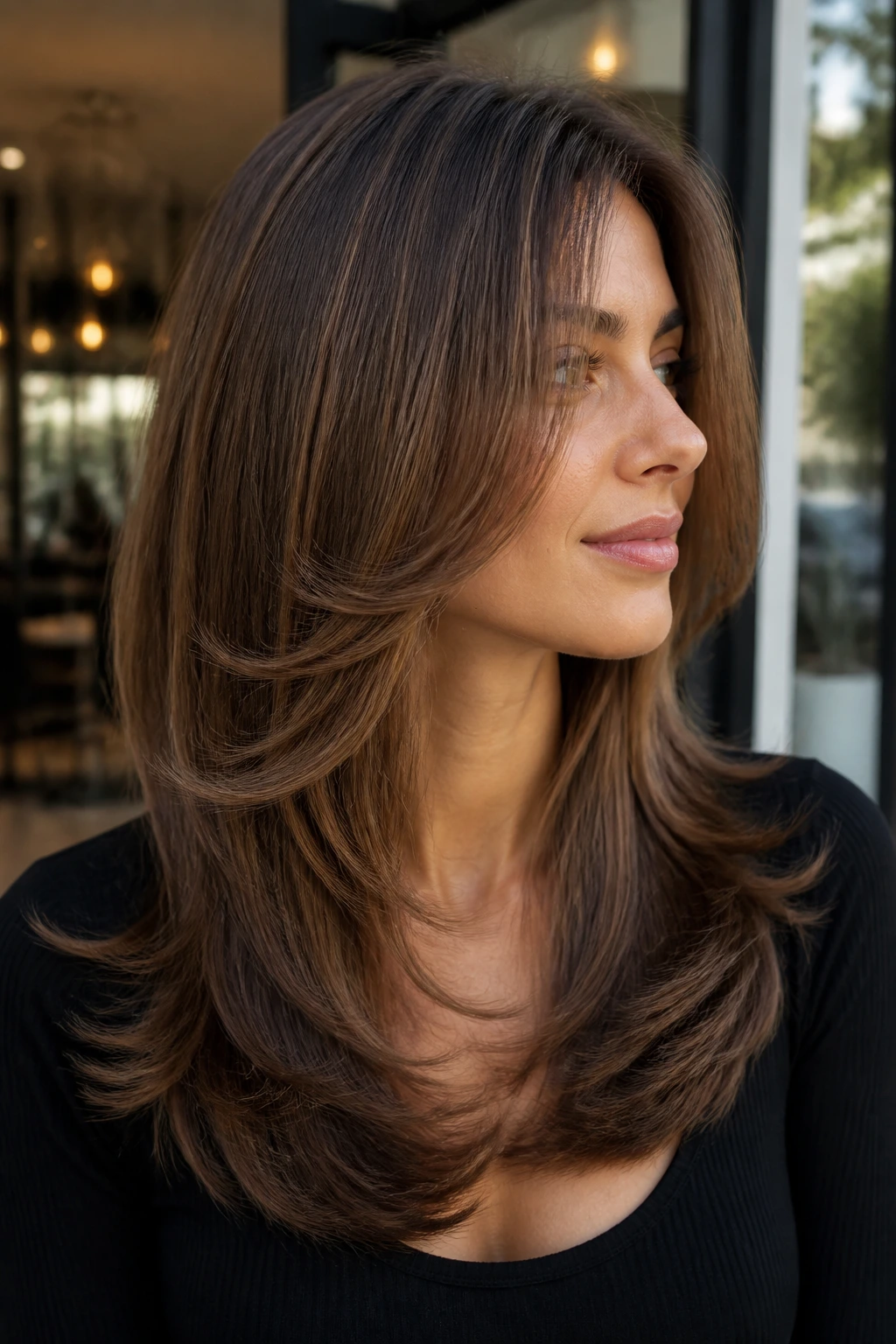 Portrait of a woman with U-shaped layers and floating feathered ends