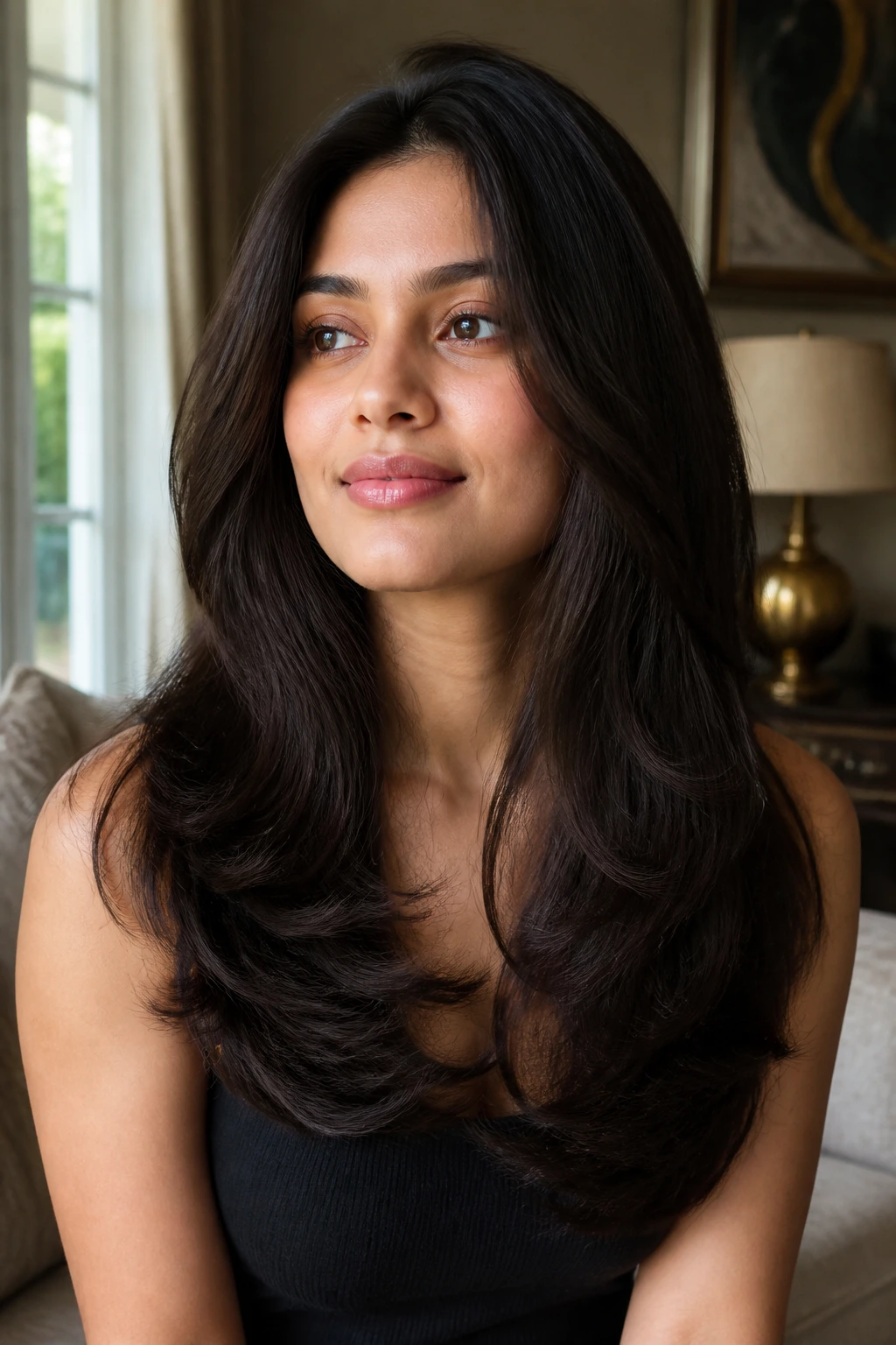 Medium close-up of a real woman with U-shaped layers and a full rounded hem
