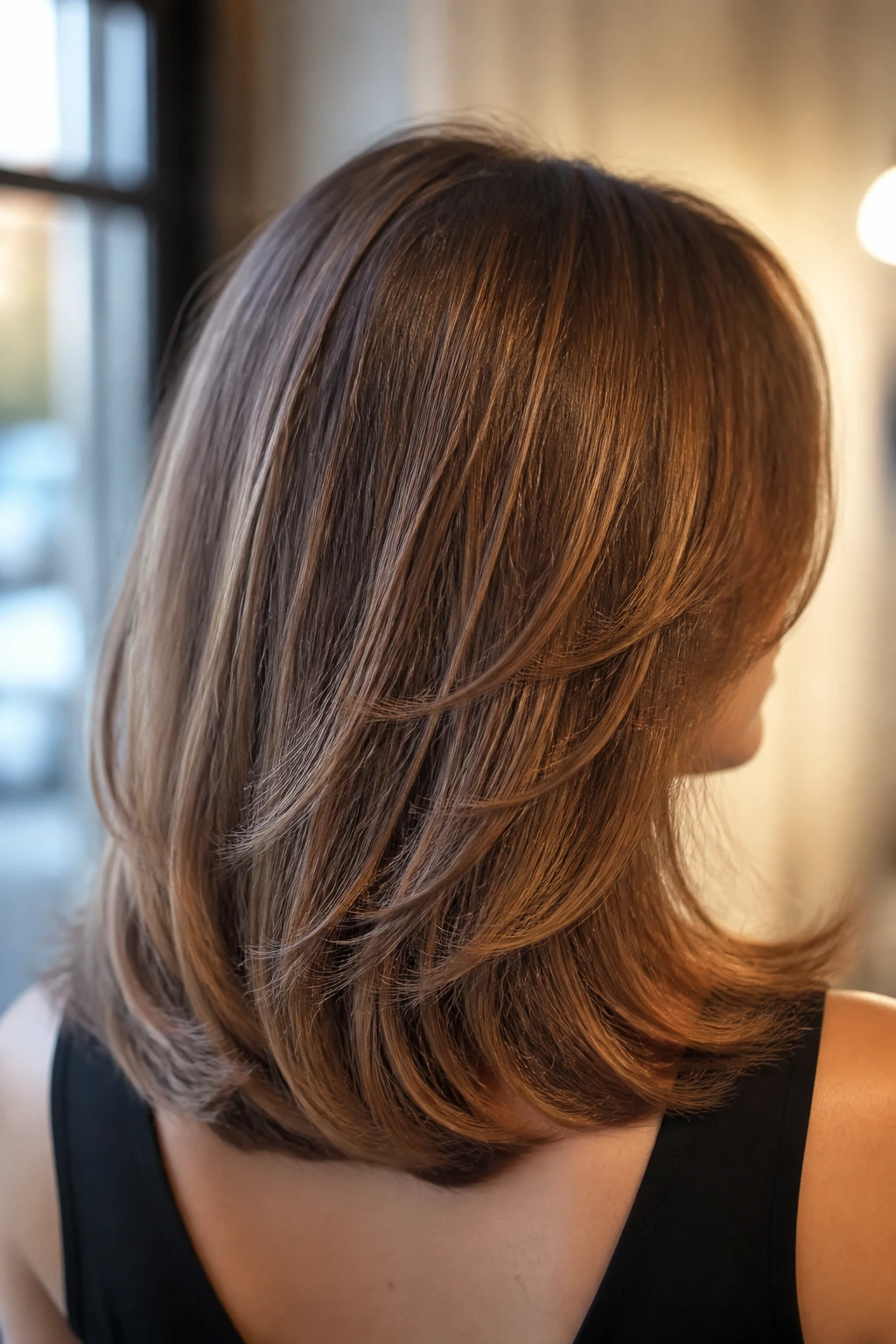 Portrait of a real woman with U-shaped shoulder-length layers filling the frame
