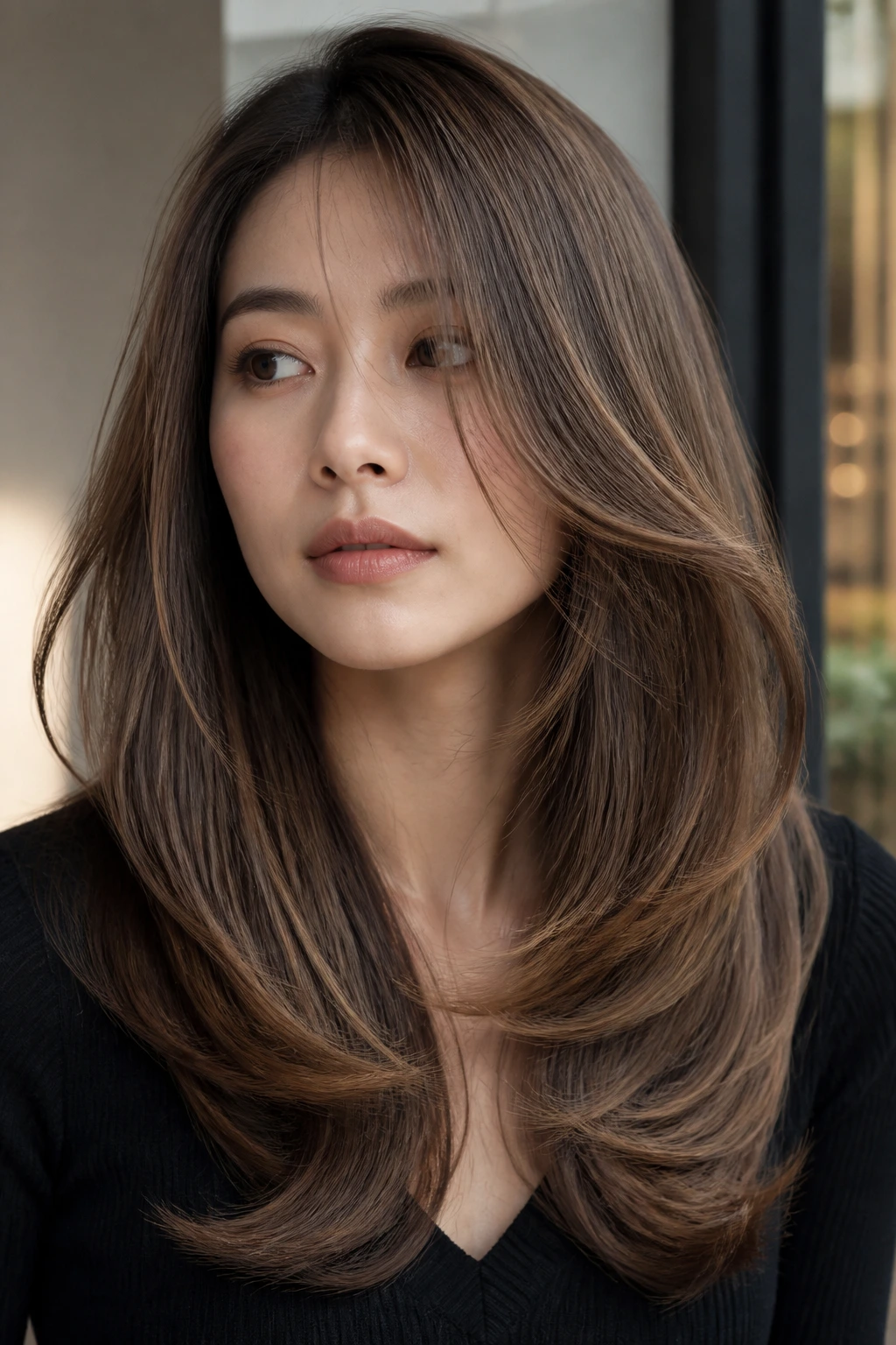Close-up of a real woman with U-shape layers and a soft side bend