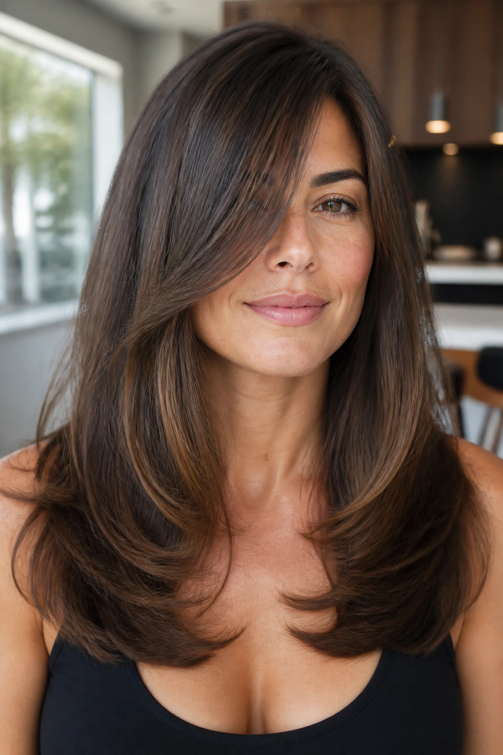 Close-up portrait of a real person with U-shaped length and soft sweep front pieces.