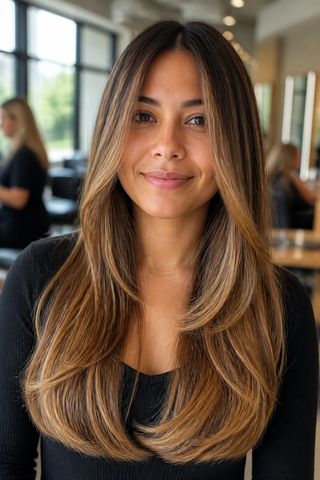 Close-up of a real woman with a U-shaped long cut and caramel highlights