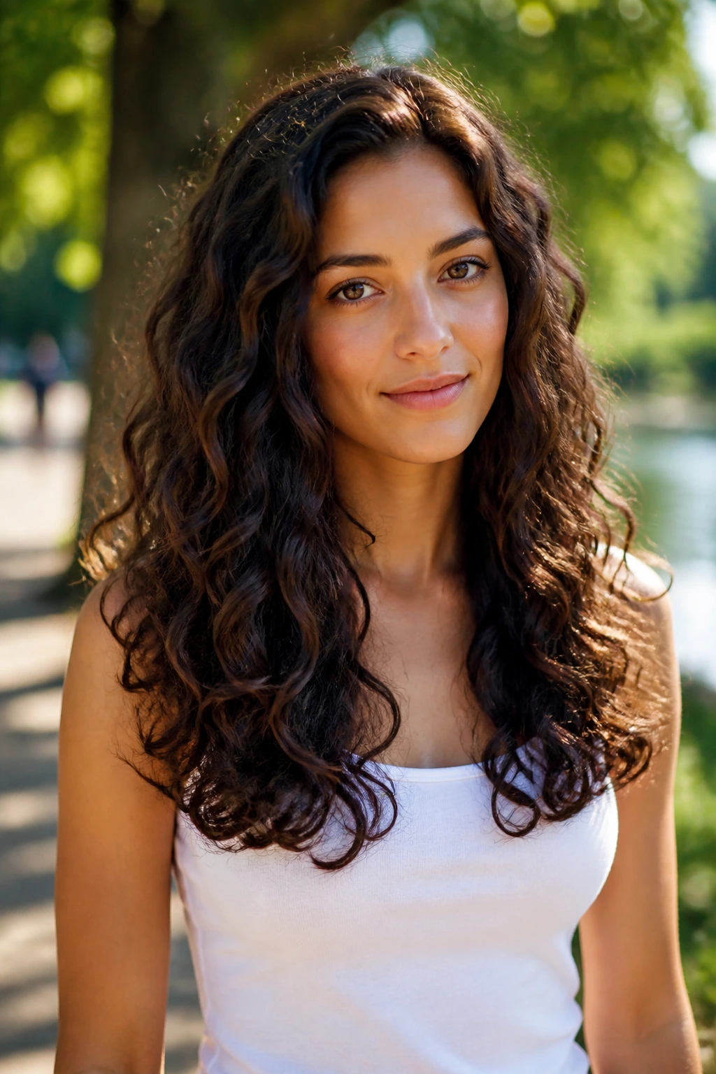 Real person with U-shaped long cut showing full ends in natural outdoor light