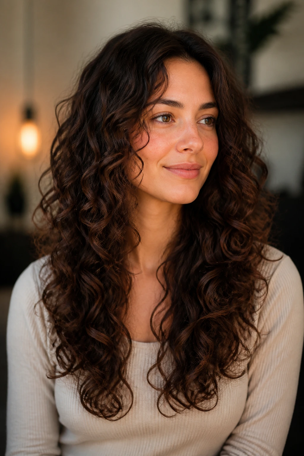 Portrait of a person with a soft rounded U-shaped long layer haircut